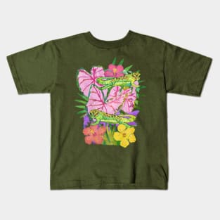 Tropical Gecko with Hibiscus Flowers Kids T-Shirt